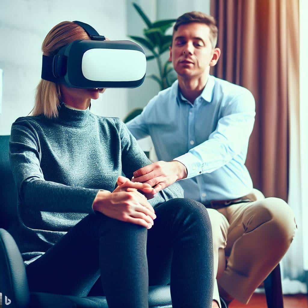 This hero image could depict a therapist and a patient engaging in a Virtual Reality therapy session. Both individuals could be sitting in a comfortable and cozy therapy room, with the patient wearing a VR headset. The therapist could be shown guiding the patient through a virtual scenario, creating a sense of trust and connection. This image would emphasize the human touch and expertise that accompanies the technological aspect of the therapy.