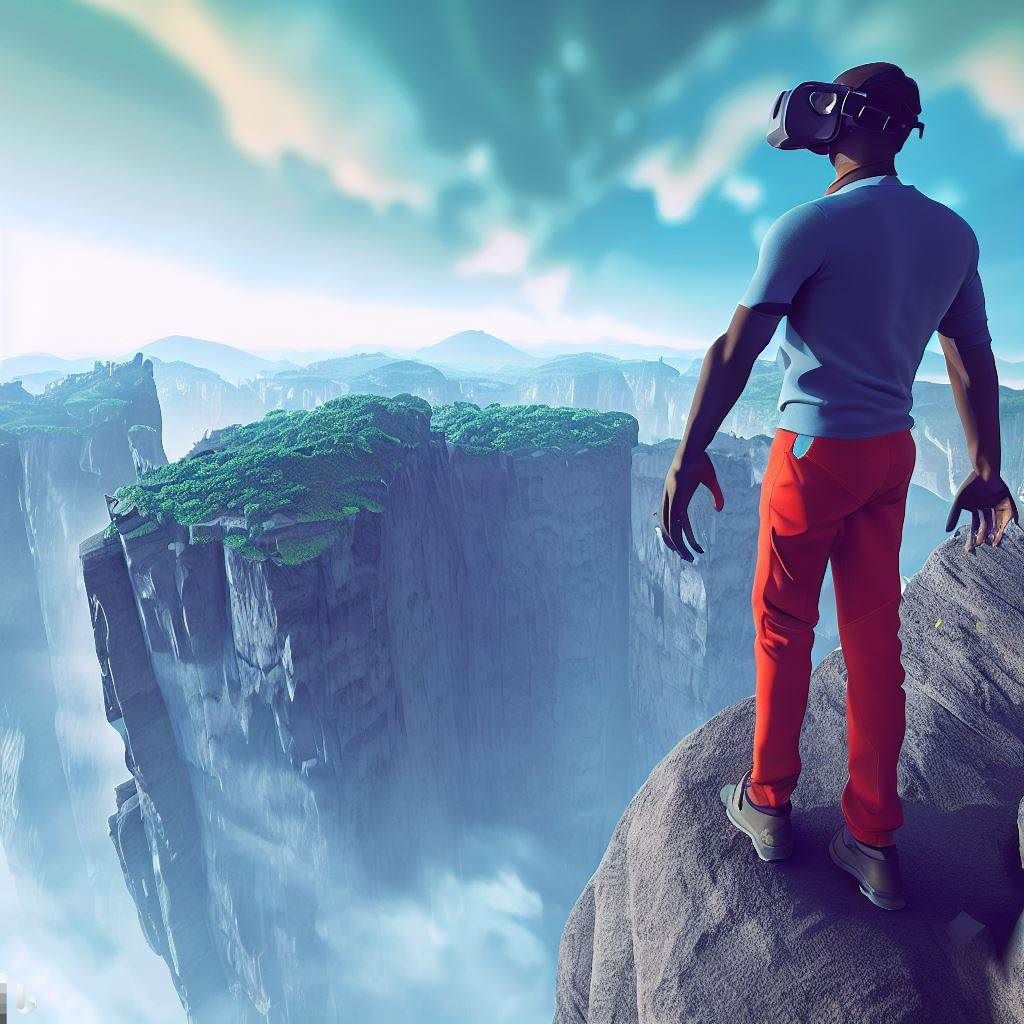 The hero image depicts a person wearing a VR headset while standing on the edge of a virtual cliff in a breathtaking VR landscape. The person's body language suggests awe and wonder as they look out into the virtual world, showcasing the sense of exploration and adventure that VR gaming offers. The VR headset's display shows a panoramic view of the virtual environment.