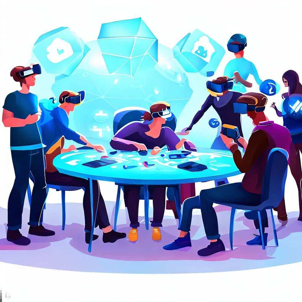 Illustrate the collaborative nature of VR game development with a group of developers working together in a virtual space. The image could show avatars of developers from different parts of the world gathered around a virtual table, discussing game concepts and design. Each avatar could be interacting with virtual objects that represent game assets. This image would emphasize the global and innovative nature of VR game creation, showcasing how developers can work together seamlessly in a virtual environment.
