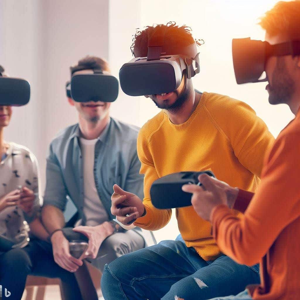 This image could focus on the social aspect of VR technology. It depicts a group of diverse people wearing VR headsets and interacting with each other in a virtual environment. They could be collaborating on a project, playing a multiplayer VR game, or simply chatting and having a good time. This image emphasizes the potential of VR apps to connect people in immersive and engaging ways, aligning with the future trend of social VR apps mentioned in the content.