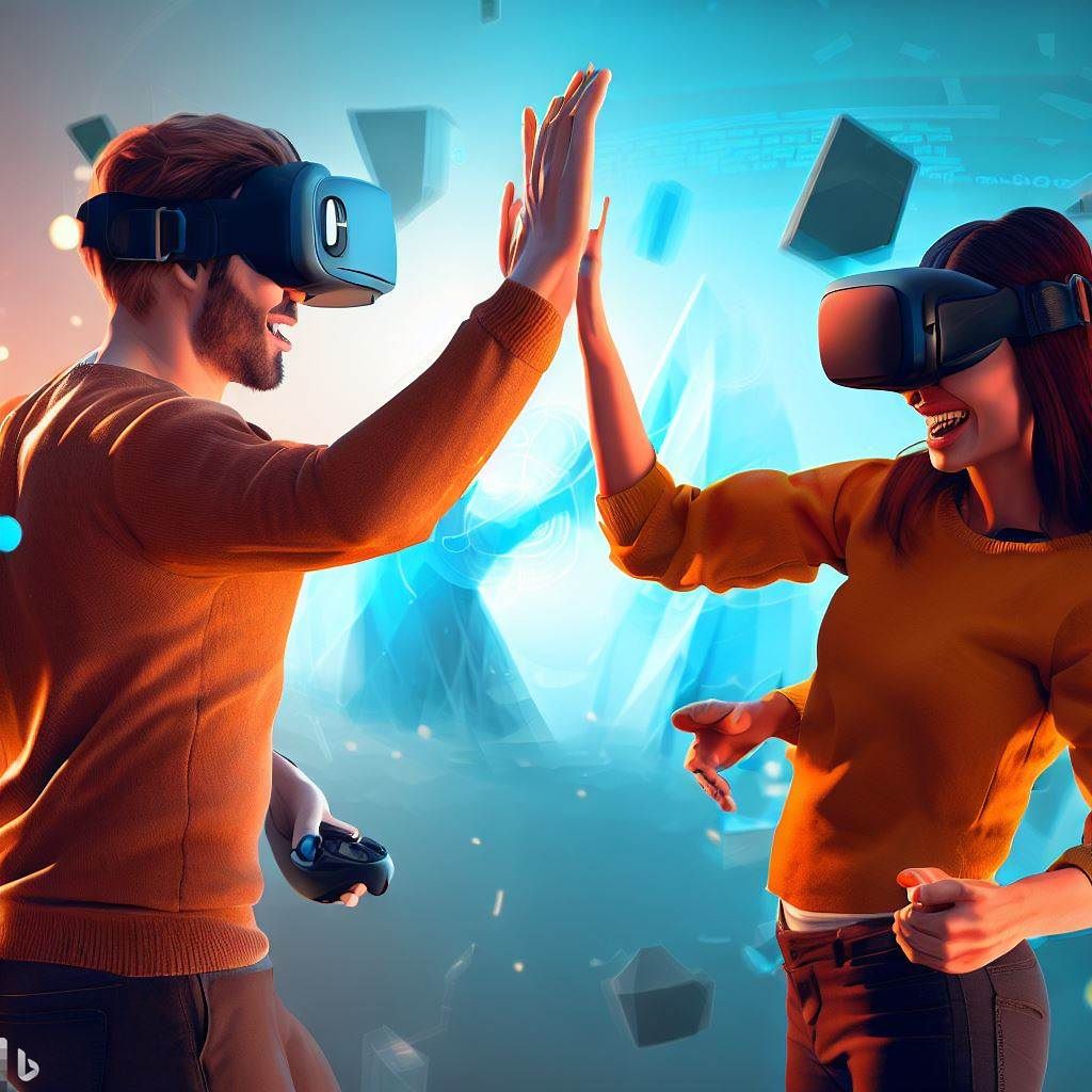 In this hero image, two people wearing VR headsets and equipped with full body tracking sensors are shown interacting within a virtual environment. They are high-fiving and laughing, showcasing the social aspect of VR gaming. The background is a mix of virtual landscapes and game elements, highlighting the range of experiences available with full body tracking.
Text Overlay: "Connect and Play Together: Experience Social VR Gaming with Full Body Tracking"