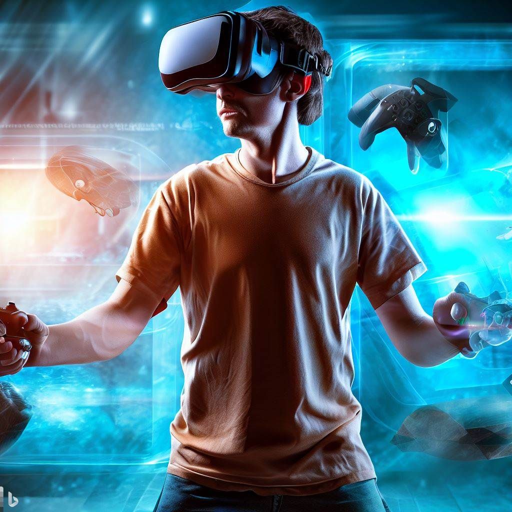Feature an image of a enthusiastic gamer fully engrossed in the virtual world of Pavlov. The gamer could be wearing a VR headset, controllers in hand, standing in an action pose that reflects the game's intensity. The background could blend elements of both the real world and the virtual world, symbolizing the seamless transition between the two realms that VR gaming offers. This image would evoke a sense of curiosity and adventure, inviting visitors to explore the equipment needed for such immersive experiences.