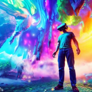 A captivating hero image that showcases the immersive world of virtual reality. The image features a person wearing a VR headset, standing in the middle of a fantastical VR landscape with vibrant colors and stunning visuals. The person has a curious and engaged expression, capturing the sense of wonder that VR technology brings. The image conveys the excitement of exploring new worlds while addressing the topic of motion sickness in VR.