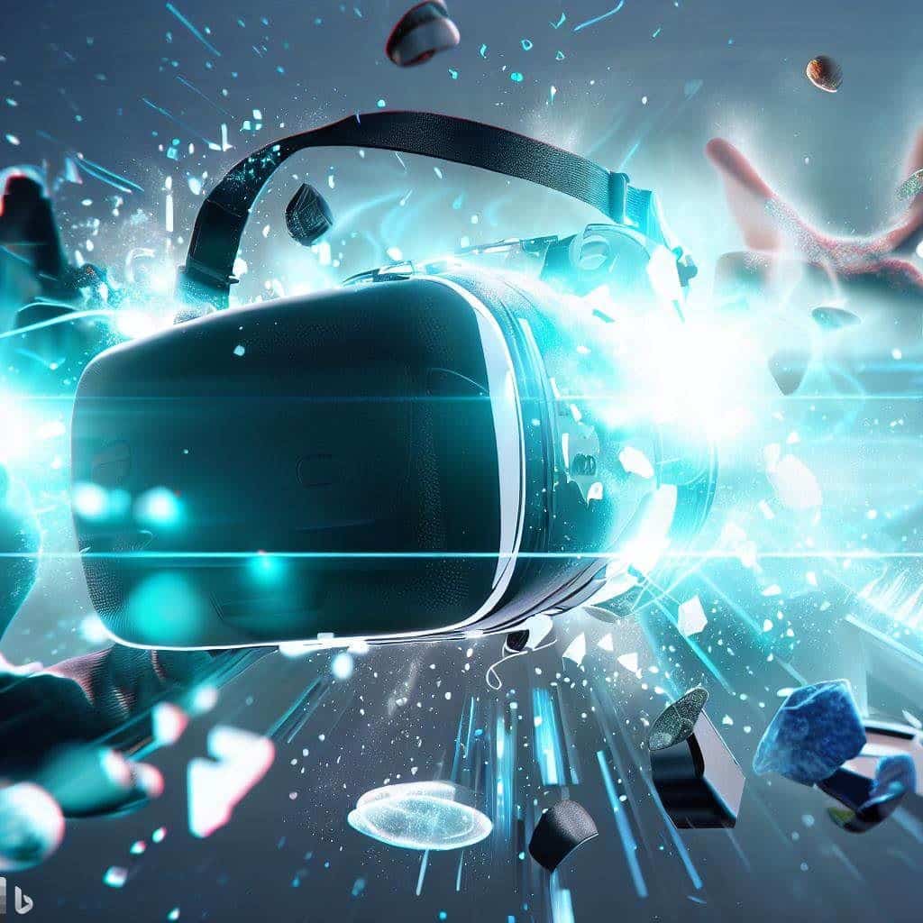 In this hero image, a collage of VR-related elements comes together to form a dynamic and futuristic composition. On the left side, a VR headset floats in mid-air, emitting a soft glow. On the right side, various VR-related objects like gloves, controllers, and 3D models of virtual environments are scattered, hinting at the breadth of VR applications. A sense of motion is created as digital data streams and particles flow from the headset, merging with the real world.