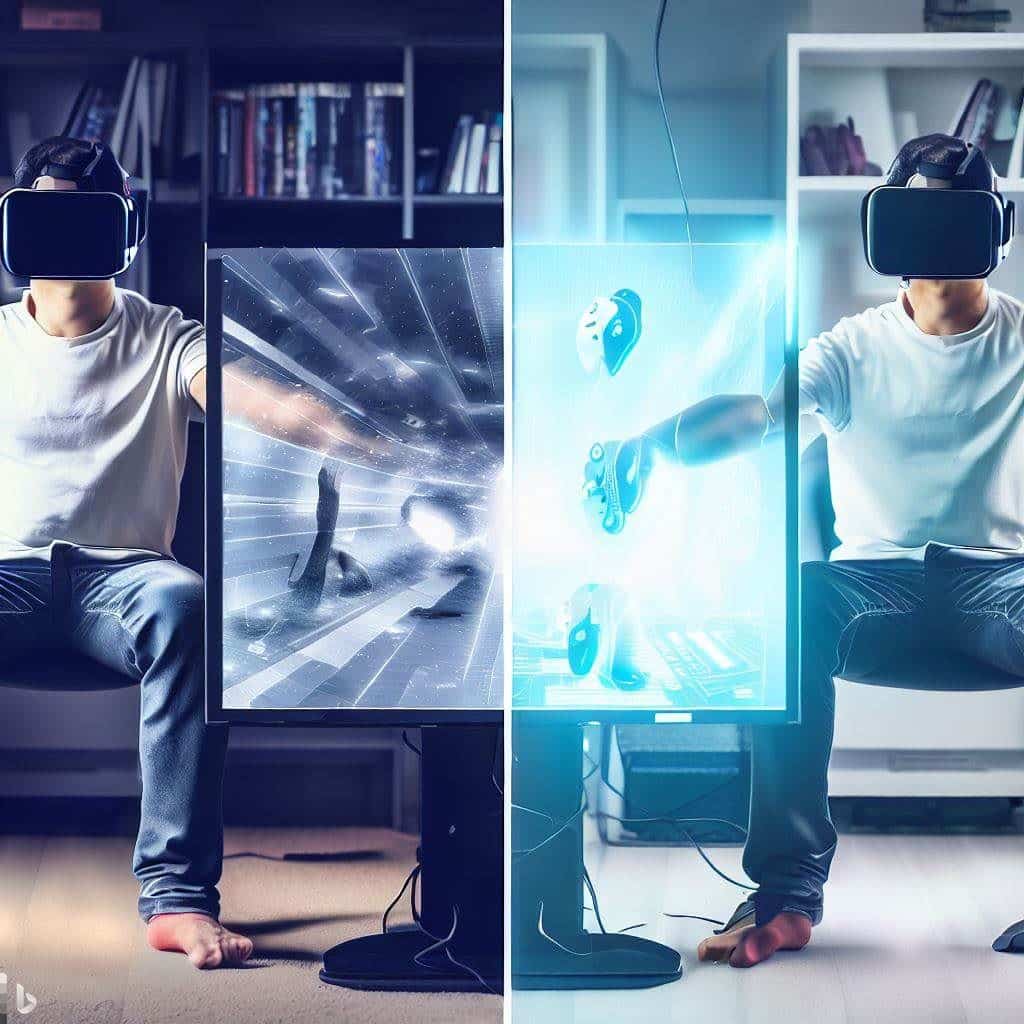A split-screen image showing a person in a regular gaming setup on one side and the same person fully immersed in a VR world using full-body tracking on the other side. This illustrates the transformation that full-body tracking can provide.