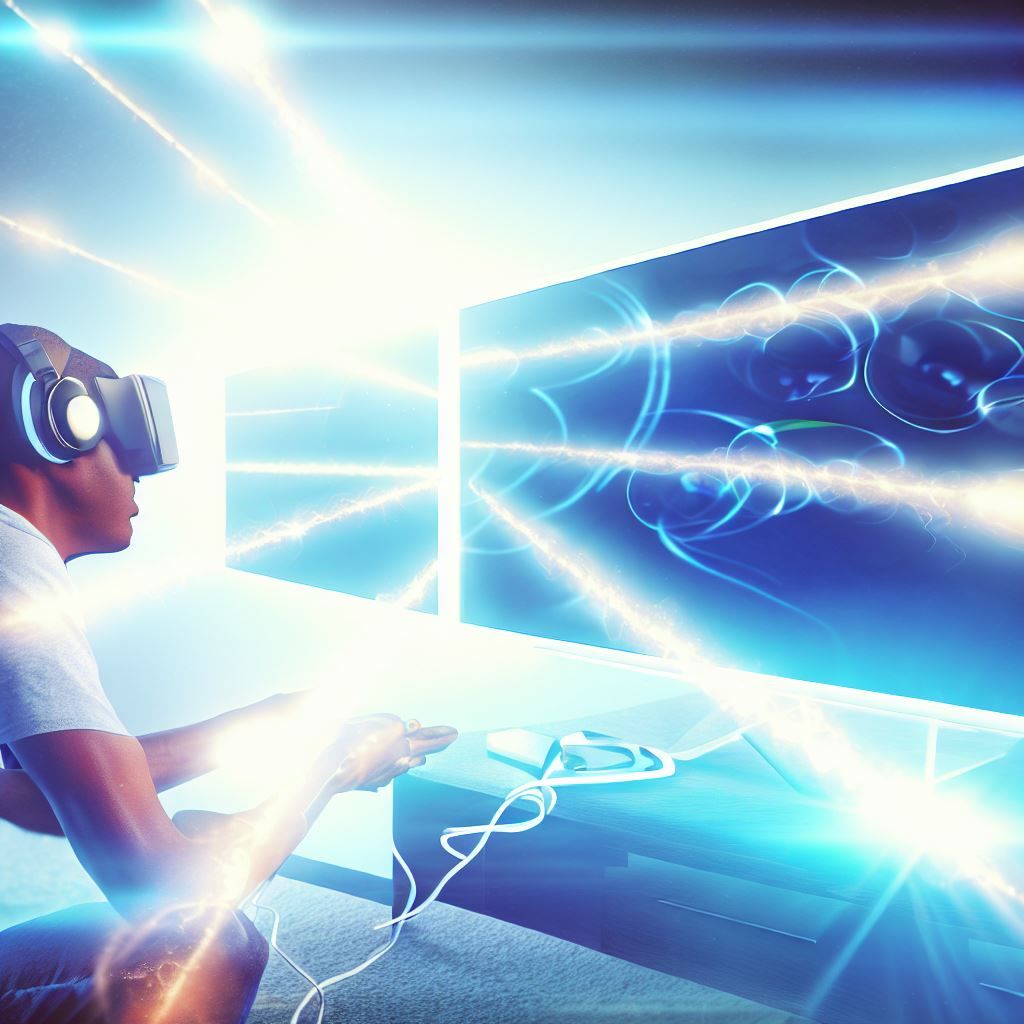 A captivating hero image showcasing the connection between a VR headset and a TV through a network of glowing, futuristic cables. The cables lead from the VR headset to the TV, symbolizing the seamless integration. Rays of light emanate from the connection points, conveying the idea of a bridge between virtual and real worlds.