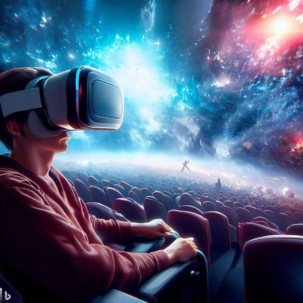 A stunning, high-resolution image that showcases a person wearing an Oculus Quest 2 VR headset, immersed in a virtual cinema environment. The VR headset is on their head, and they are sitting in a virtual theater, surrounded by a sea of stars and a giant movie screen displaying a thrilling movie scene.