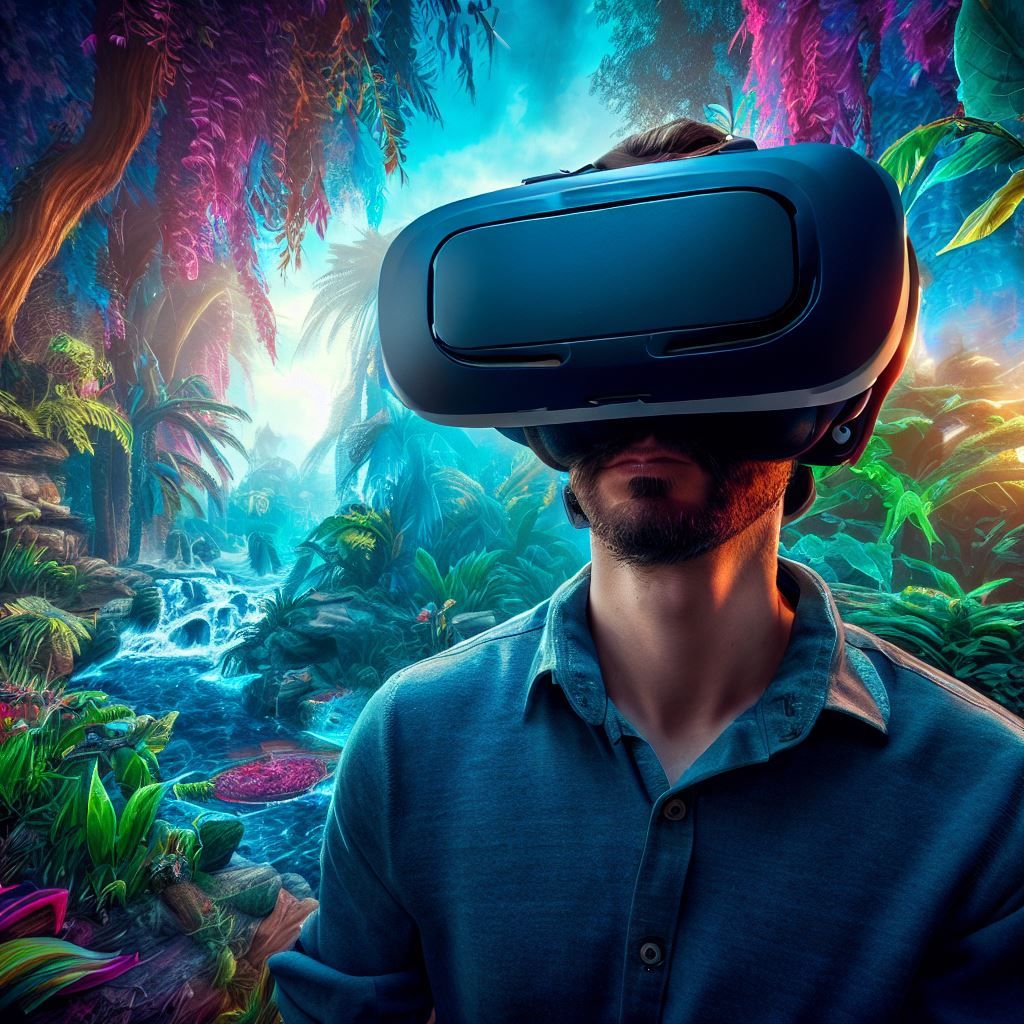 This hero image showcases a captivating VR landscape that is incredibly clear and immersive. The image features a person wearing a high-quality VR headset, fully engaged in a vibrant and detailed virtual world. The VR environment is a lush, exotic jungle with vivid colors, intricate details, and lifelike textures. The user's facial expressions reveal awe and excitement. The hero image aims to highlight the potential of improving VR video clarity for a more immersive experience.