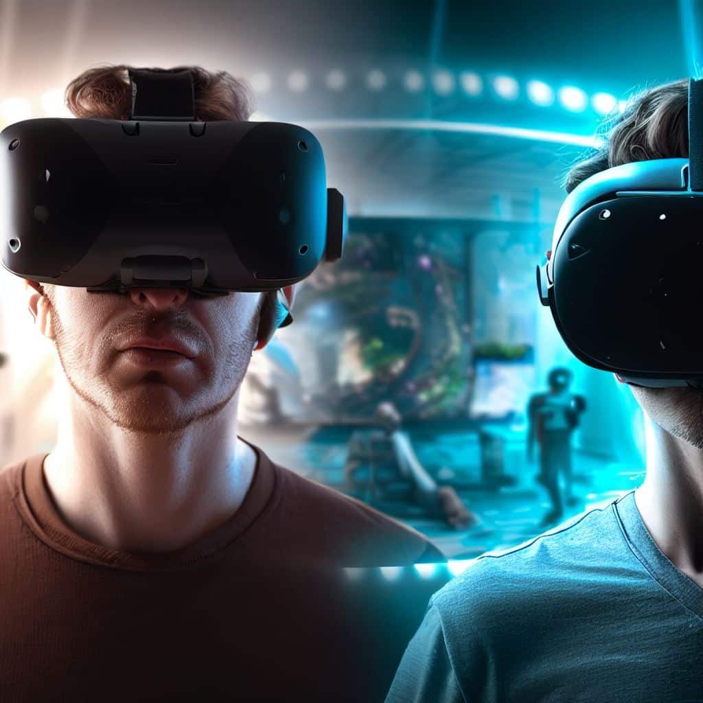 This image could feature both the Vive Cosmos Elite and the Samsung HMD Odyssey+ side by side, with each headset worn by a person immersed in VR gaming. The background could be a split-screen, showcasing the unique gaming environments of each headset. This image would visually represent the article's focus on comparing the two VR systems, highlighting their immersive experiences.