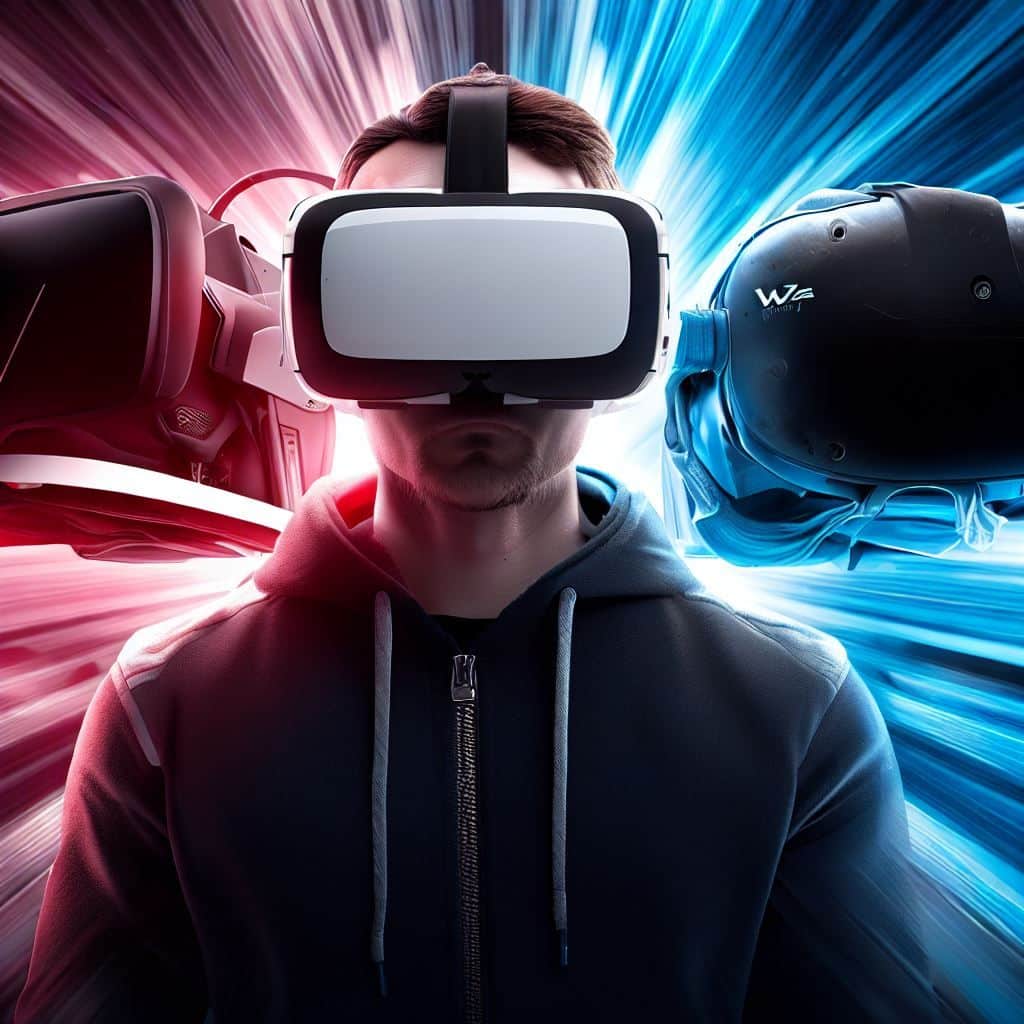 Create a visually engaging hero image that features both the Pico 4 and the Samsung HMD Odyssey+ side by side. In the center, have a VR gamer wearing one of each headset, symbolizing the choice users face. The image should capture the essence of competition, with a futuristic and immersive background to represent the world of VR. Use dynamic lighting and effects to highlight the strengths of each headset, such as the Pico 4's portability and the Odyssey+'s immersive graphics. Overlay the text "Pico 4 vs. Samsung HMD Odyssey+" prominently on the image to draw attention to the comparison article.