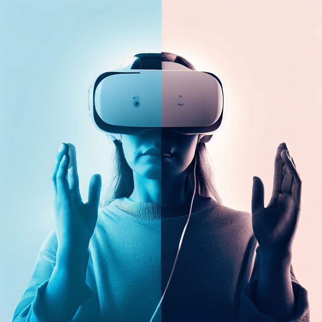 Compose a split-image visual, with one side featuring an Oculus headset and the other displaying an individual immersed in a secure and joyful virtual reality experience. Overlay a commanding statement like, "Empower Your Oculus Security." Utilize a contrasting color scheme – one side showcasing the original Oculus colors and the other side depicting a tranquil virtual environment in soothing blues and whites. This image aims to communicate the importance of securing Oculus devices while ensuring a safe and uninterrupted virtual experience.