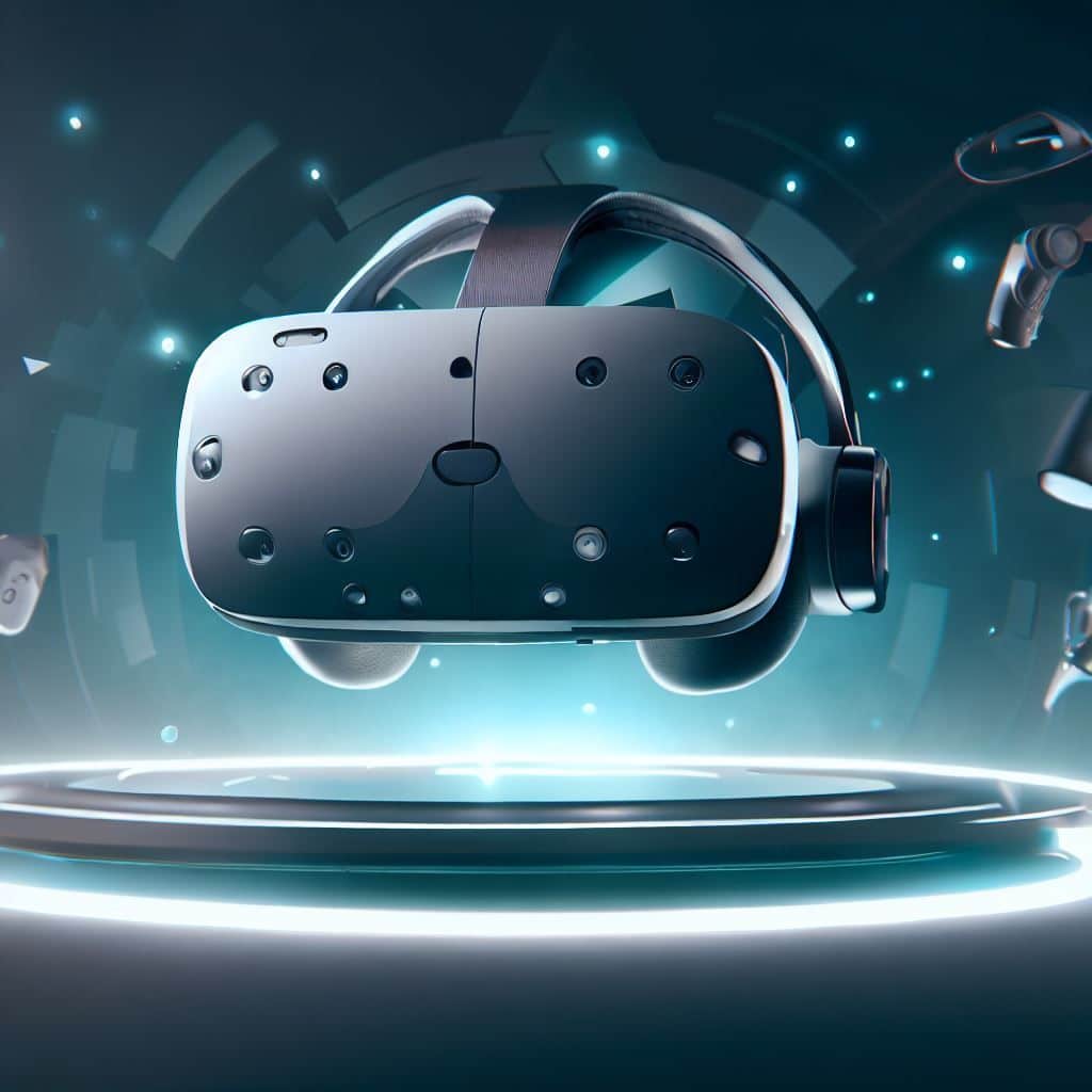 This hero image focuses on the HTC Vive Pro 2 as the epitome of VR excellence. The headset is positioned front and center, radiating an aura of realism and sophistication. Floating around it are VR elements like controllers and immersive environments, symbolizing its 6DoF capabilities and rich content library. In the background, subtle hints of VR environments blend seamlessly with high-tech design elements. The text "HTC Vive Pro 2: Where Real Meets Virtual" in sleek typography completes the image.