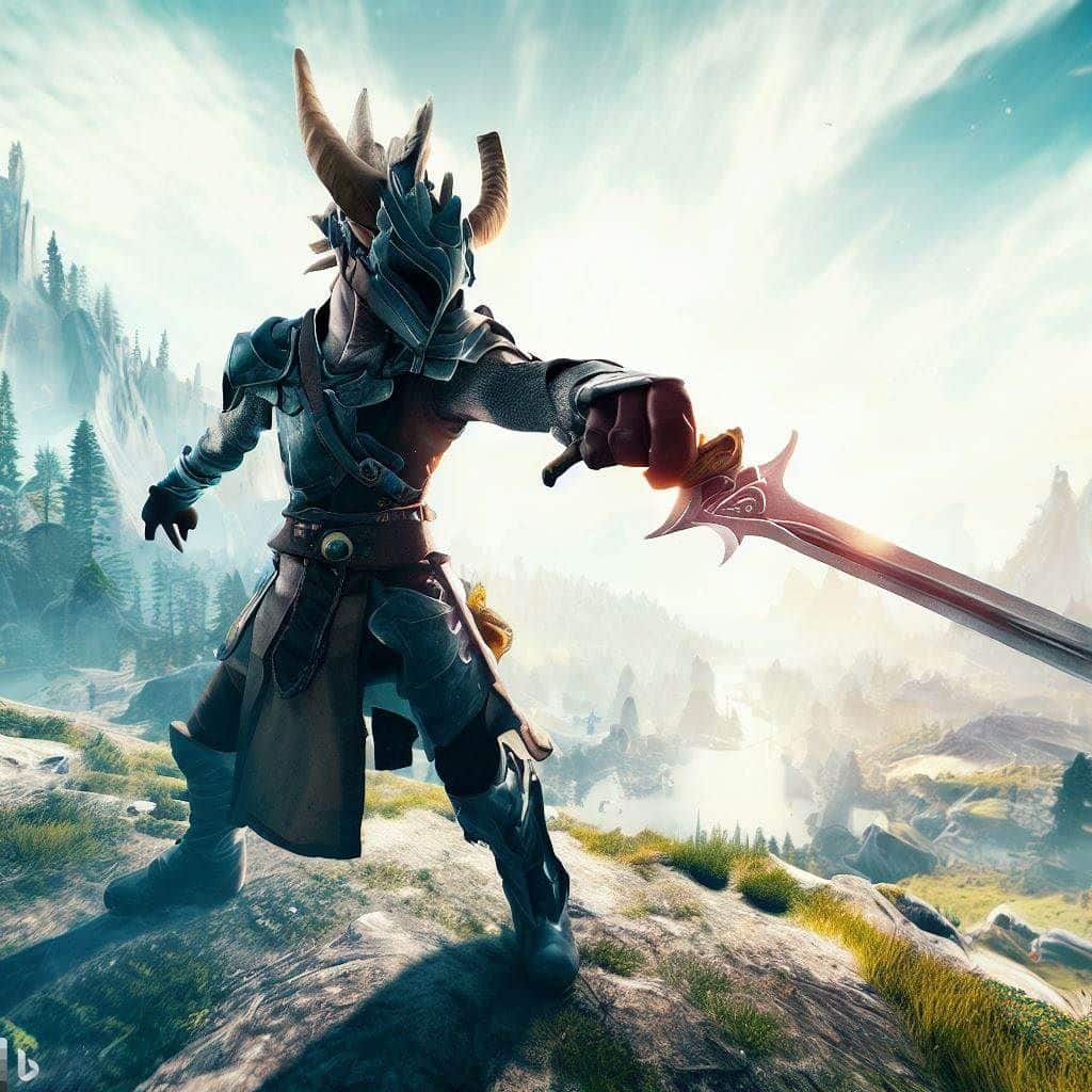 This hero image showcases the immersive world of Skyrim in virtual reality. It features a Dragonborn character wearing a VR headset and wielding a virtual sword, standing against a backdrop of Skyrim's iconic landscapes. The character's excitement and engagement are evident as they explore this fantasy world.