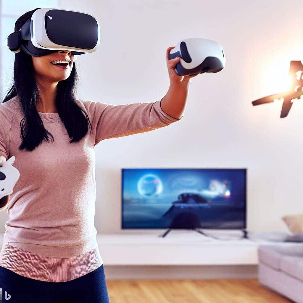 Illustrate the Oculus Quest 2's wireless capabilities by showing a person in a spacious, well-lit room, wearing the headset and holding the controllers. They should have a joyful expression on their face, as if enjoying the freedom of movement without any cables. The background can subtly hint at a virtual flight world to emphasize the versatility of the headset.