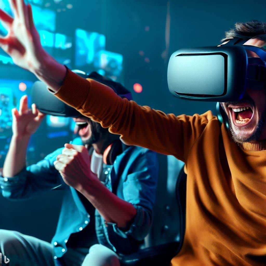 Show a dynamic scene with gamers wearing the Oculus Rift S and Pico 4 headsets while immersed in VR gameplay. Capture the excitement on their faces and the intensity of their gaming experiences.