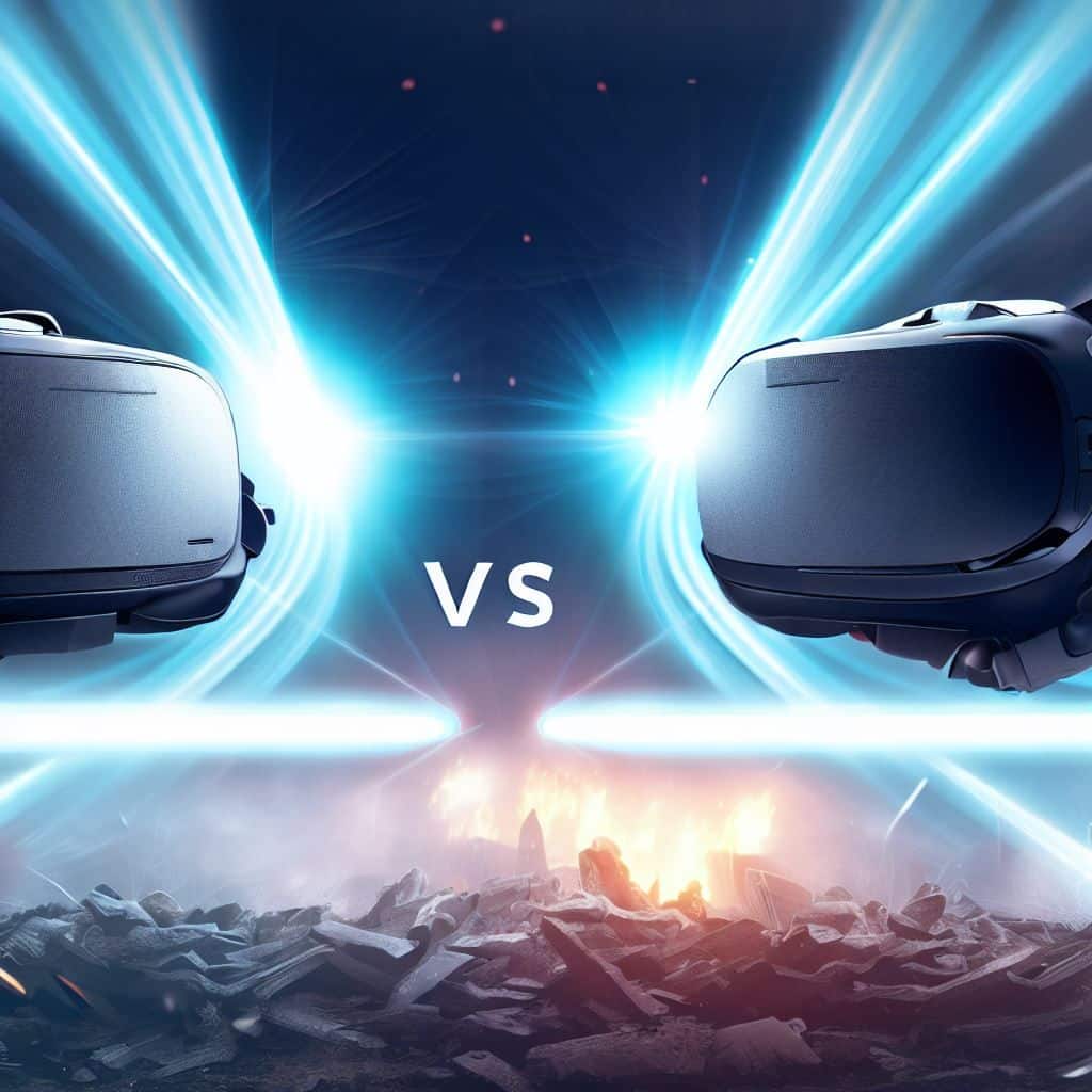 Create an attention-grabbing hero image with a futuristic battlefield backdrop. Position the Pico 4 and the Samsung HMD Odyssey+ facing each other, like competitors ready for a showdown. Have beams of light and VR elements emanating from each headset to symbolize their unique capabilities. Place a prominent "VS" in the middle to highlight the comparison aspect. Above the headsets, include the text "Pico 4" and "Samsung HMD Odyssey+" in bold fonts. This image should evoke excitement and intrigue, encouraging users to explore the detailed comparison article.