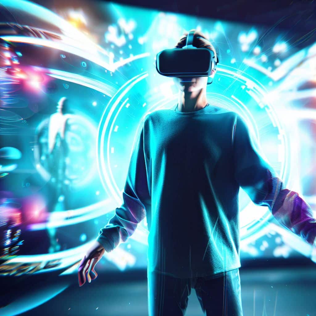 A dynamic hero image featuring a person wearing a VR headset in a futuristic VR environment. The person is surrounded by stunning VR visuals, and there's a seamless connection to a TV screen in the background, showing the same VR content. The TV screen is casting a reflection of the VR world, creating a sense of immersion.