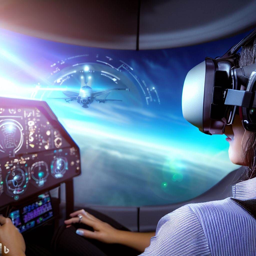 Showcase a close-up shot of a person wearing the HP Reverb G2 VR headset, sitting in a virtual cockpit with a panoramic view of the sky and aircraft controls. The headset should be highlighted, displaying a crystal-clear virtual cockpit on its screen. Rays of light from the virtual world can be seen reflecting on the user's face, emphasizing the immersive experience.