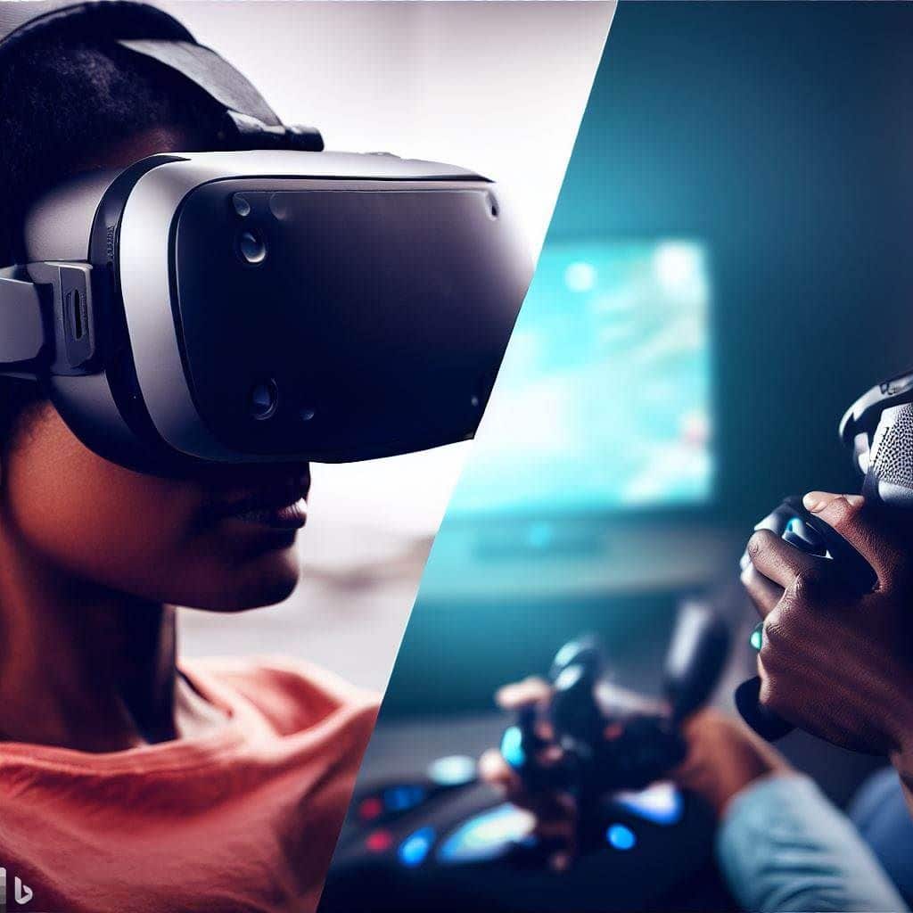This hero image features a split-screen design. On the left side, you have a close-up shot of someone wearing the HTC Vive Pro 2 headset with a VR controller in hand, fully immersed in a virtual world with stunning graphics. On the right side, you have a similar close-up shot of someone wearing the Samsung HMD Odyssey+ headset, also engaged in a captivating VR experience.