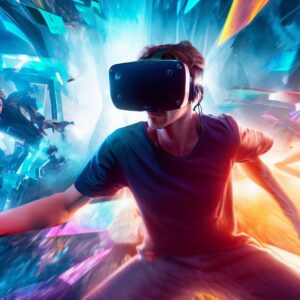 This hero image showcases a dynamic, action-packed virtual reality gaming scene. It features a gamer wearing an Oculus VR headset, fully immersed in a thrilling VR game. The gamer is surrounded by the vibrant, virtual world with futuristic elements, providing a sense of excitement and immersion. The Oculus VR logo subtly appears in the corner.