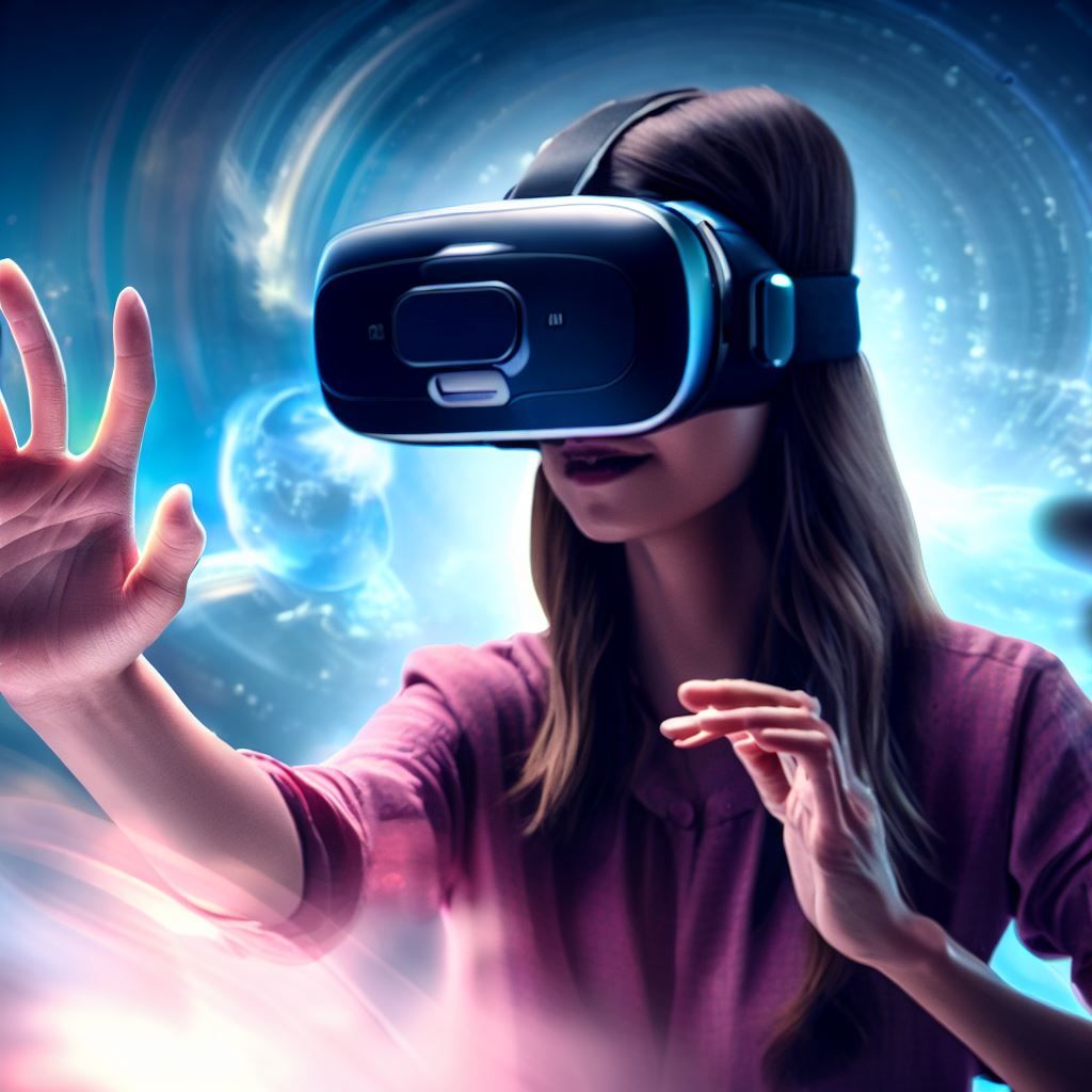 Picture a user engrossed in their Samsung VR experience, with the VR headset on and the Samsung Gear VR controller in hand. They're reaching out to touch a virtual object, creating a sense of immersion and interaction. The background can feature a mesmerizing VR world to capture the essence of the technology's potential.