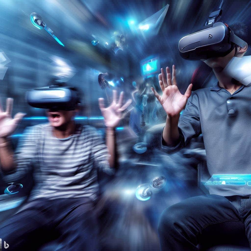 Create a dynamic hero image that illustrates the immersive VR experience offered by these headsets. Show a person wearing the HP Reverb G2 and another person wearing the Samsung HMD Odyssey+, both fully engaged in VR gameplay. Use motion blur effects to convey a sense of action and excitement. Surround them with VR elements like floating VR controllers and game environments to emphasize the virtual reality aspect.
