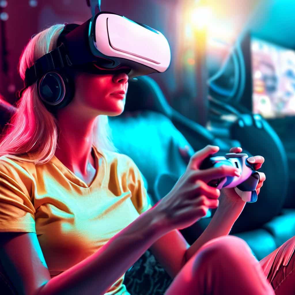 This hero image showcases a gamer wearing the Vive Cosmos Elite immersed in a VR game, with the headset on and controllers in hand. The scene should capture the intensity and excitement of VR gaming, with vibrant visuals and action-packed gameplay in the background. It highlights the immersive aspect of the Cosmos Elite.