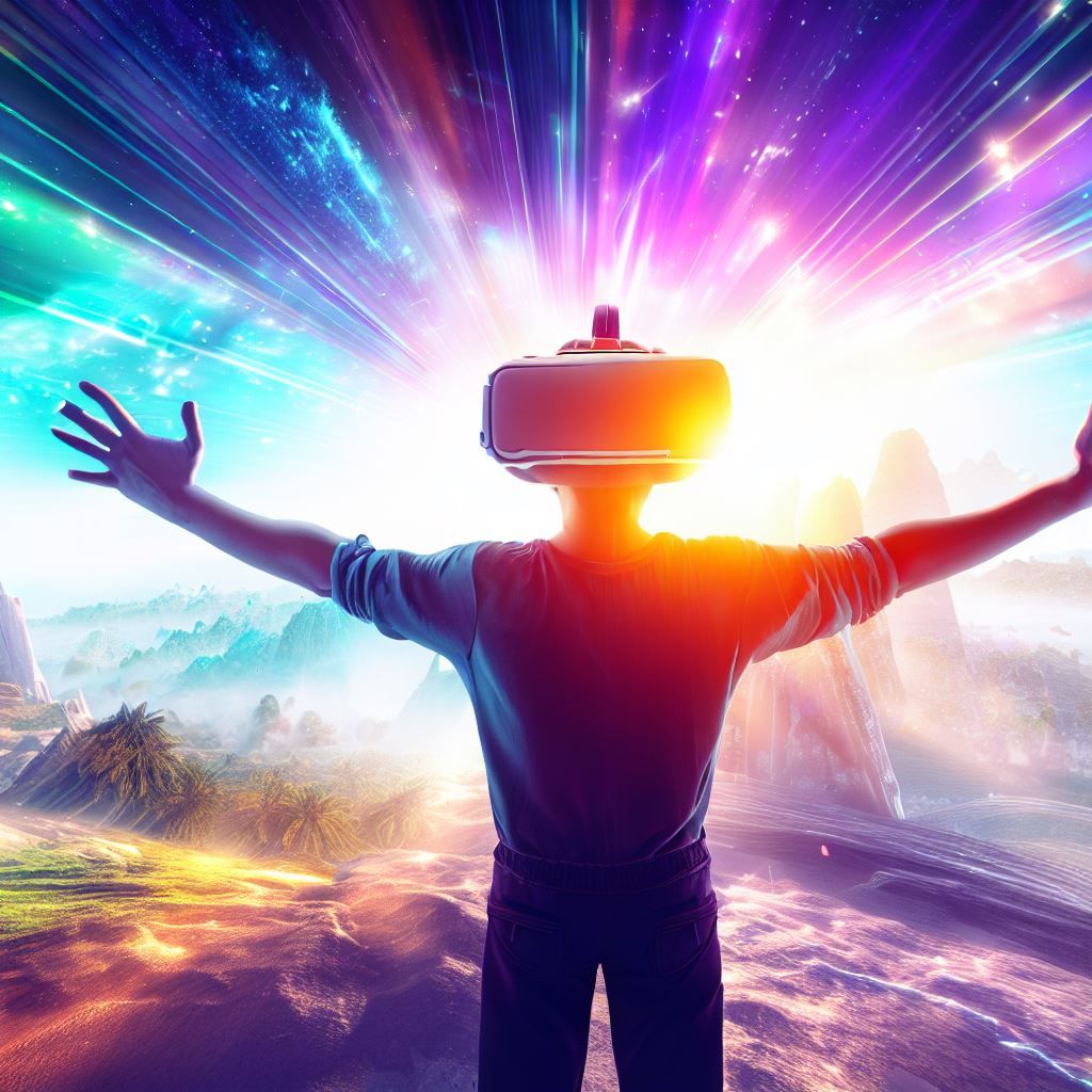 Picture a breathtaking VR world where vibrant, fantastical landscapes blend seamlessly with futuristic cityscapes. In the foreground, a person wearing a VR headset stands with arms outstretched, appearing to interact with the virtual environment. Rays of light emanate from the headset, conveying the sense of immersion and wonder that VR offers. This image showcases the limitless possibilities of VR and its power to transport users to otherworldly realms.