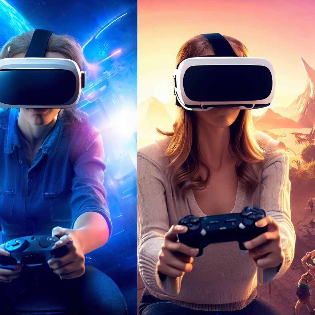 In this hero image, the two VR headsets are shown front and center against a backdrop of diverse virtual environments. One side of the image could have the PlayStation VR showing a gamer immersed in a thrilling VR game, while the other side showcases someone wearing the Samsung HMD Odyssey+ exploring a different virtual realm. The contrasting experiences of the two headsets are visually conveyed through these two scenes, emphasizing their unique qualities.