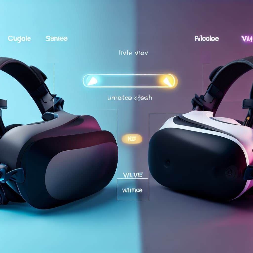 Create an interactive 3D model of both the Pico 4 and Vive Cosmos Elite headsets, allowing users to rotate and explore each headset from different angles. Place text captions next to various parts of the headsets to highlight their specifications, such as resolution, tracking, and comfort. This interactive image engages users and provides a hands-on experience in understanding the differences.