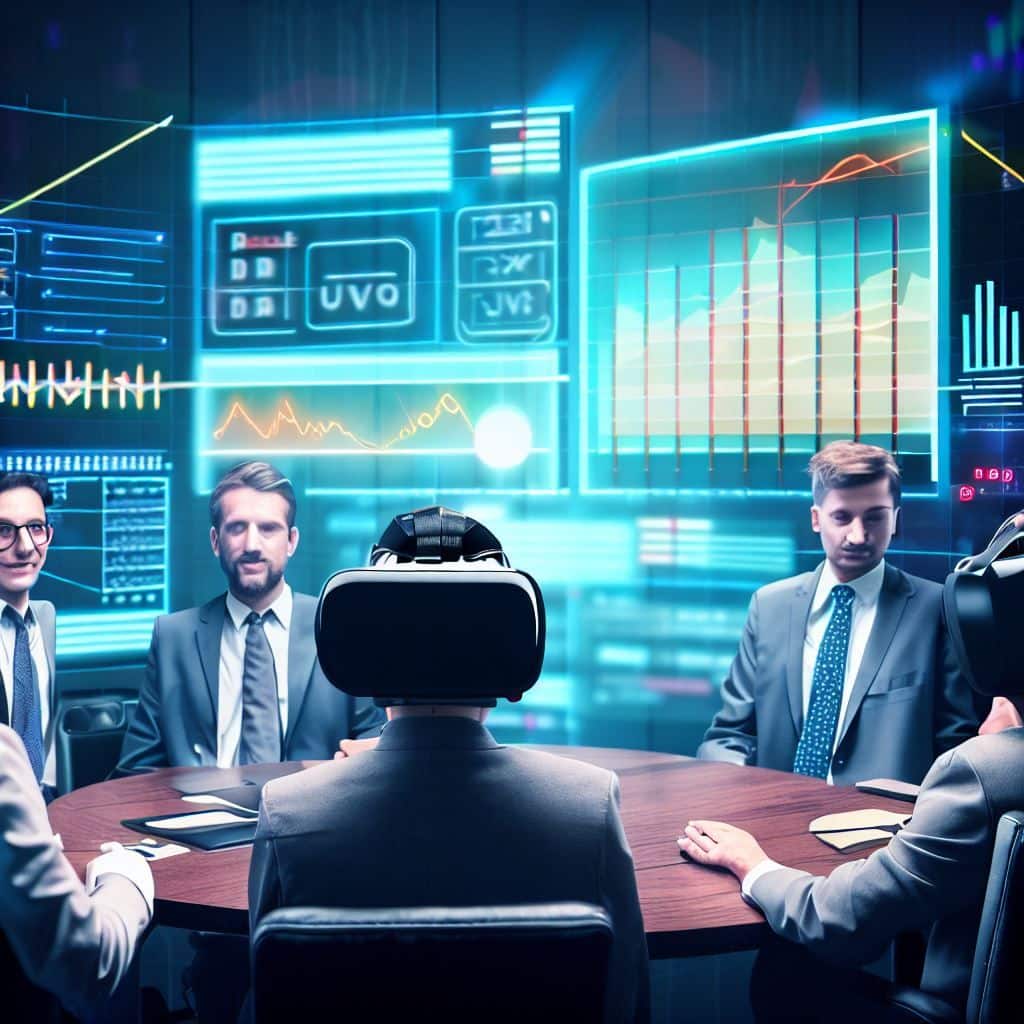 Depict an executive boardroom scene with a diverse group of professionals engaged in a discussion about VR. At the center of the table, a VR headset stands as a focal point, symbolizing the potential for investment. Stock charts and financial data screens surround the room, displaying positive growth trends in the VR industry. This image conveys the idea of strategic investment in VR companies and technologies, highlighting the financial opportunities within the VR market.