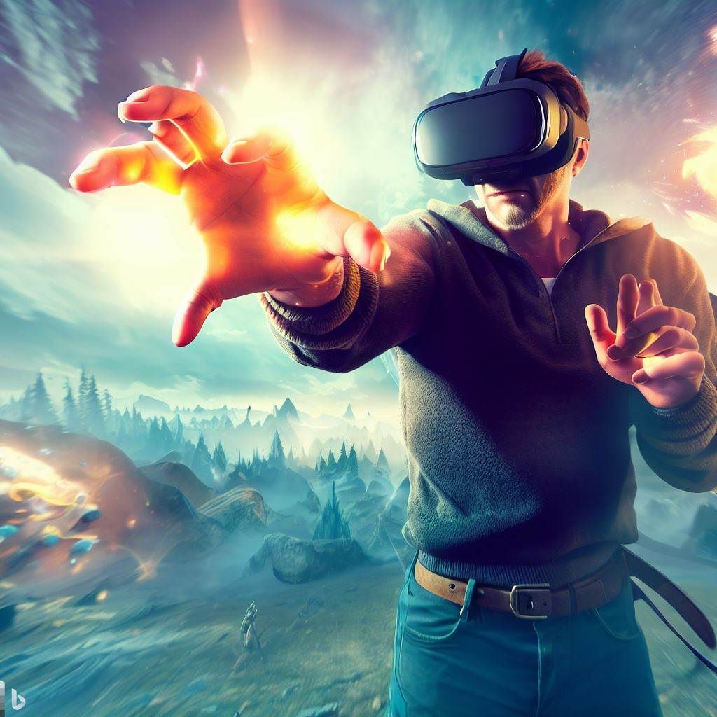 This hero image prominently features the Oculus Quest 2 in action. A player wearing the headset is shown mid-game, casting a spell in the Skyrim VR environment. The image captures the thrill of the game, with a magical glow emanating from the player's hands, and the Skyrim world stretching out behind them, filled with dragons and landscapes.
