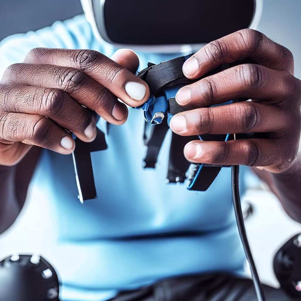 In this image, we see a close-up of a person's hands wearing virtual reality gloves while adjusting an Oculus VR headset. The gloves have a high-tech, futuristic look, and the person is in the process of troubleshooting their VR experience. This image communicates the theme of problem-solving and technical support for Oculus VR users.