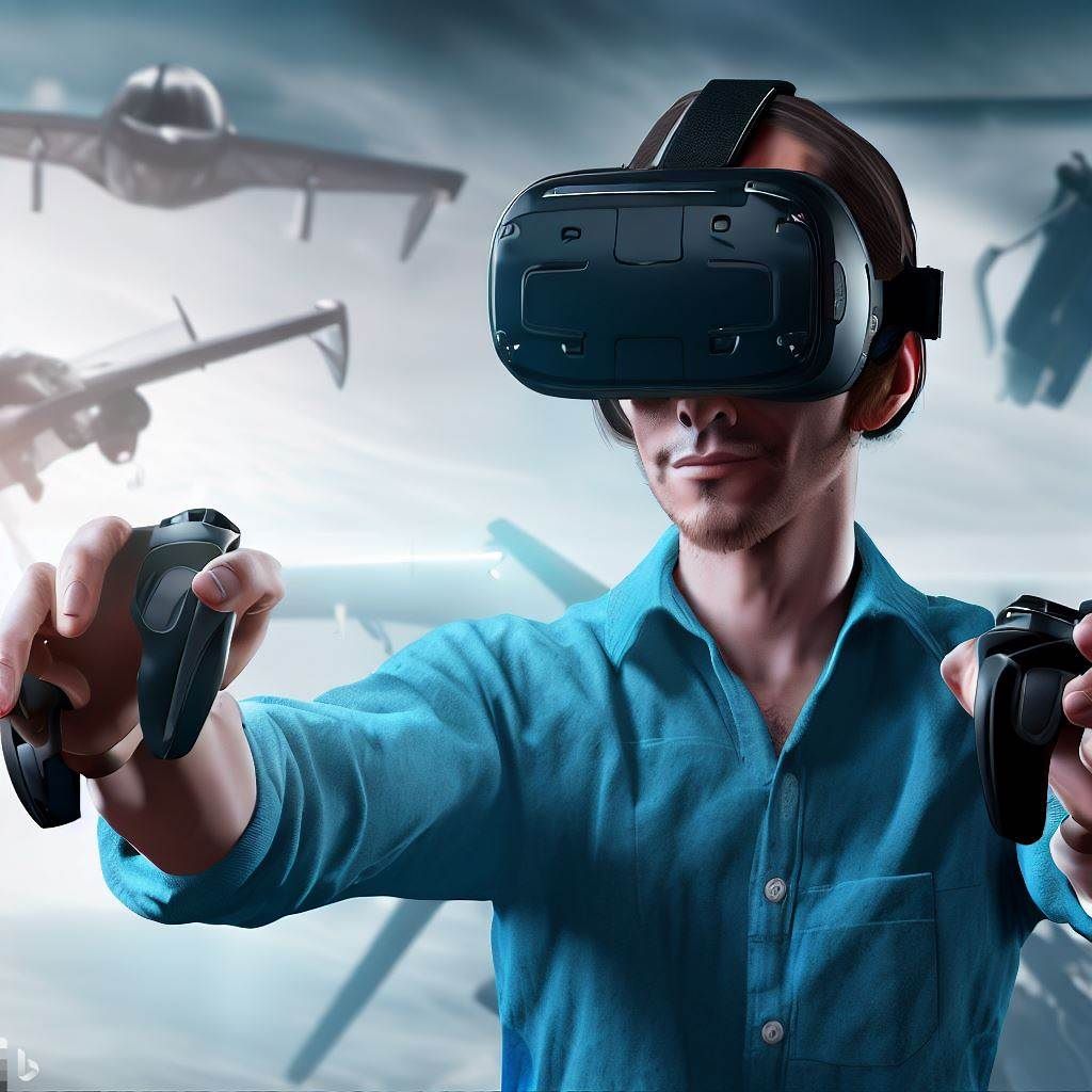 Feature an image of a person wearing the Valve Index VR headset while holding the VR controllers. They are in a dynamic pose, replicating the act of piloting an aircraft. The background can show a realistic virtual flight environment with high-quality graphics. The VR headset and controllers should be highlighted to convey precision and realism in flight simulation.