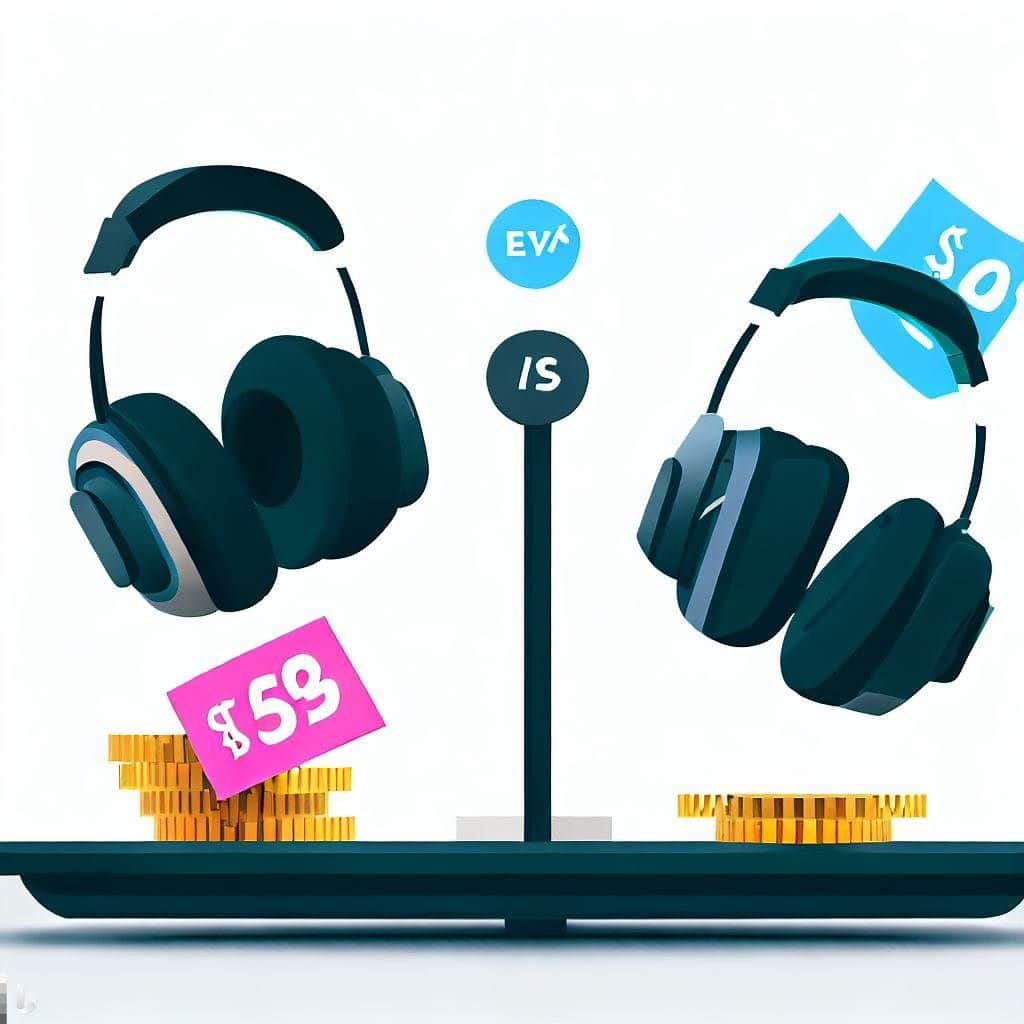 Design a hero image that focuses on the price comparison between the two headsets. Place the HP Reverb G2 and Samsung HMD Odyssey+ headsets on a balanced scale or see-saw. Use dollar signs and price tags to represent their respective prices. Highlight the price difference visually, making it clear that the HP Reverb G2 is slightly more expensive than the Samsung HMD Odyssey+.
