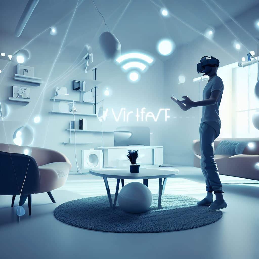This hero image concept underscores the importance of a stable WiFi connection for a flawless VR experience. It should depict a well-organized VR setup with all components seamlessly connected. A person should be wearing a VR headset in a modern, minimalist environment, showcasing the ease of use. The scene should exude smooth, uninterrupted visuals, and floating WiFi symbols should be integrated to highlight the role of WiFi. The text overlay can read, "WiFi: Your VR Companion for Uninterrupted Immersion."