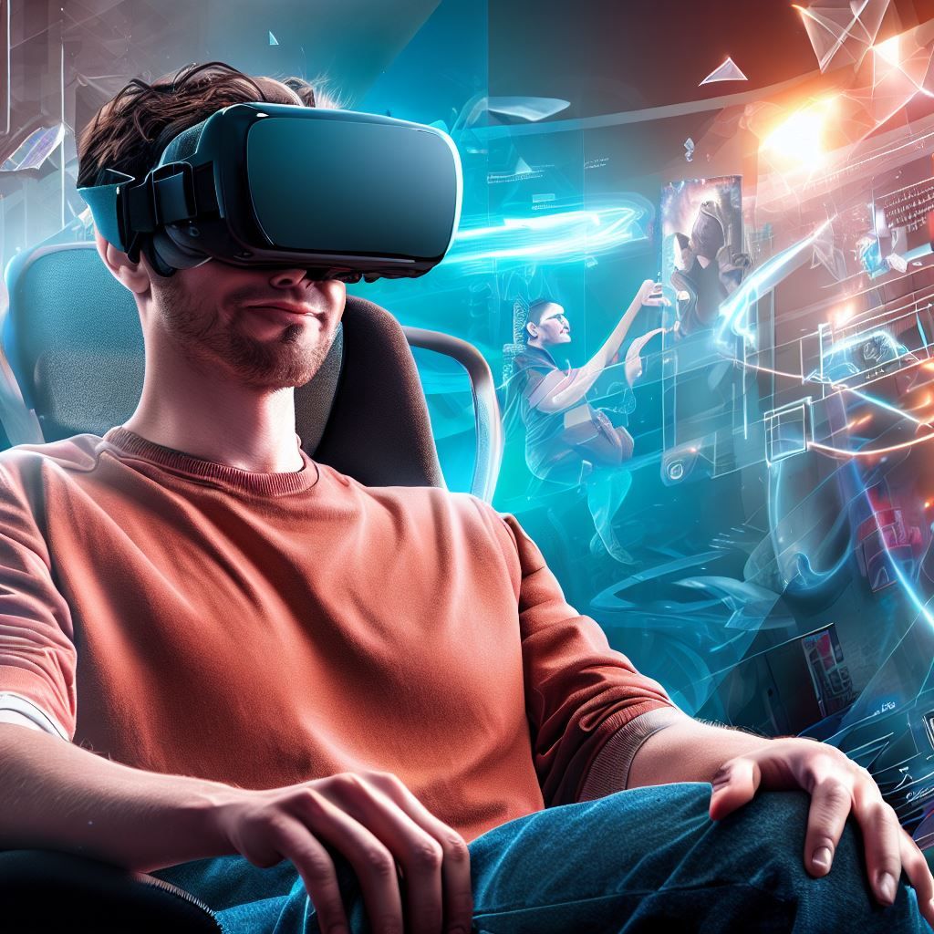 The hero image showcases a user comfortably wearing an Oculus Quest 2 headset, surrounded by a dynamic blend of virtual and real-world elements. In the foreground, the user is engrossed in an action-packed VR game, with a joyful expression on their face. Behind them, a transparent overlay reveals a high-end gaming PC connected to the headset, emphasizing the versatility of the Oculus Quest 2. This image aims to highlight the seamless integration of PC gaming with the Oculus Quest 2, appealing to both standalone and PC gamers.