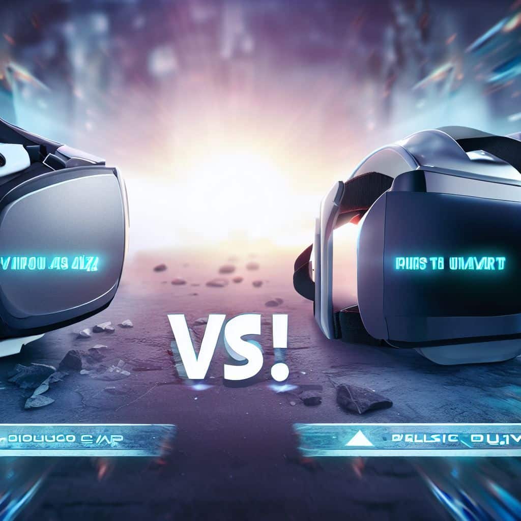 Create a visually appealing hero image with side-by-side representations of the Pico 4 and Quest 2 VR headsets. Each headset should be showcased with its key features highlighted around it. The background can include a futuristic VR environment to convey the immersive experience. Overlay text can read "Pico 4 vs. Quest 2: Unveiling the Best VR Headset."