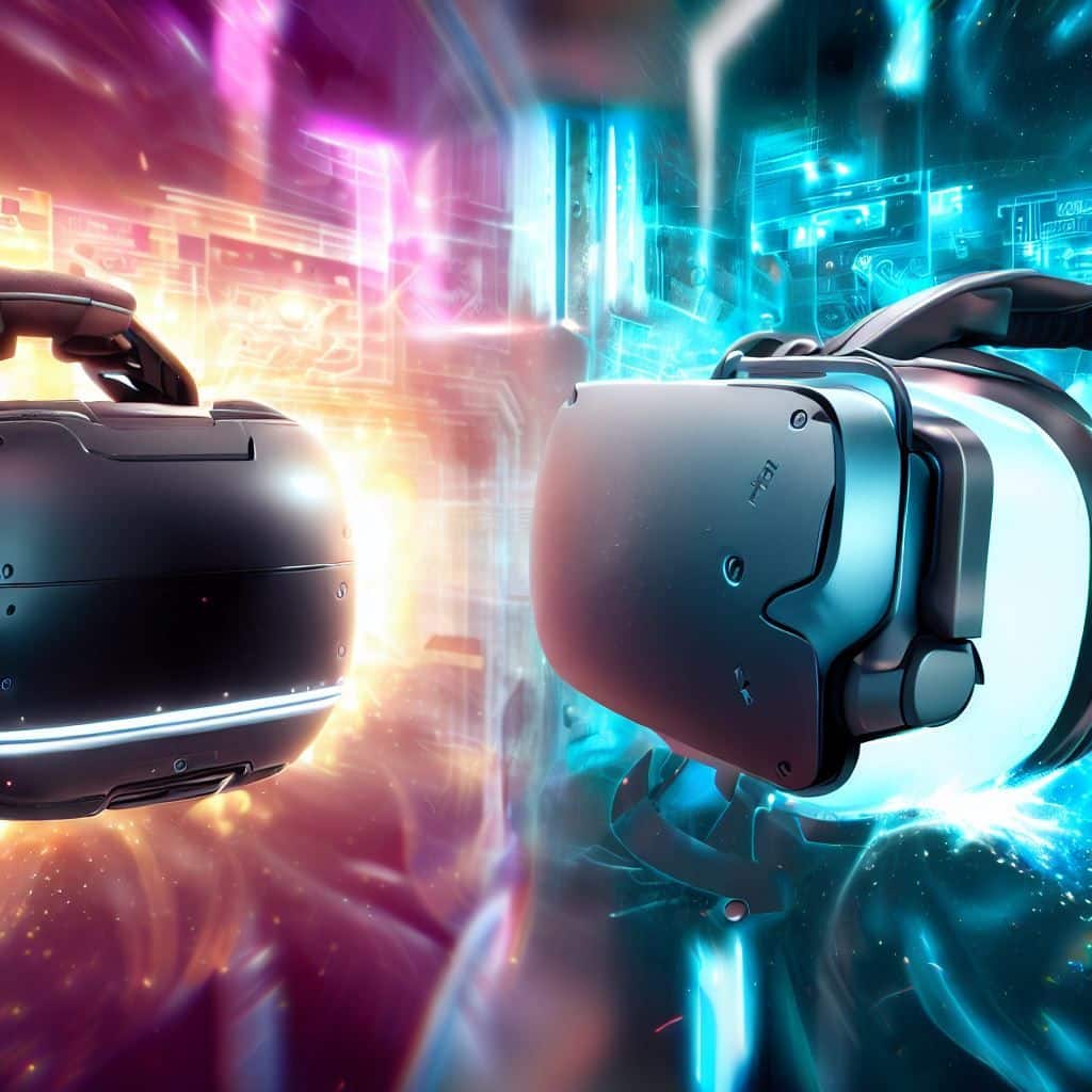 This hero image features a dynamic side-by-side comparison of the Vive Cosmos Elite and HTC Vive XR Elite. The headsets are prominently displayed, with key features and specifications highlighted next to each. The background could include a futuristic VR gaming environment to emphasize the immersive experience.