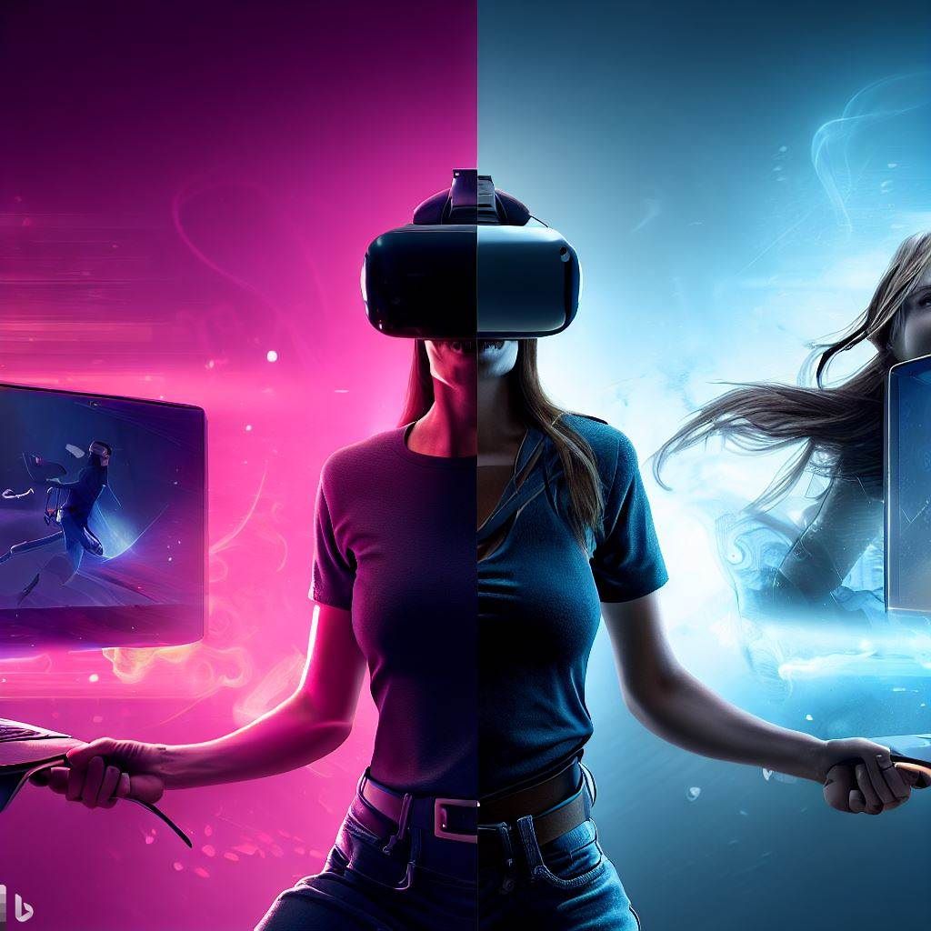 Create a split-screen hero image with the Oculus Rift S on one side and the Oculus Quest 2 on the other. Each side should showcase a person wearing the respective headset, immersed in a VR environment that reflects their strengths. On the Rift S side, emphasize high-fidelity gaming with stunning graphics, and on the Quest 2 side, highlight the freedom of movement and versatility. Add text banners or callouts that highlight key features and benefits for each headset.