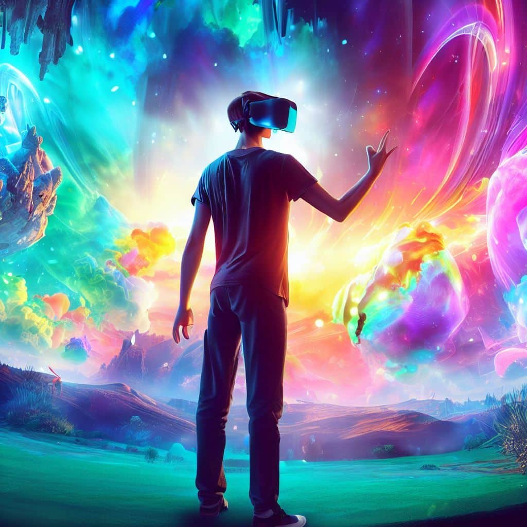 Create an image portraying a person immersed in the captivating wonders of a VR world. The individual, sporting a VR headset, stands amidst a visually stunning, 360-degree virtual environment. Vibrant colors, futuristic landscapes, and interactive elements surround them. Their body language could suggest awe and excitement. This image aims to convey the awe-inspiring and immersive nature of VR video experiences, making it irresistible for both beginners and experts.