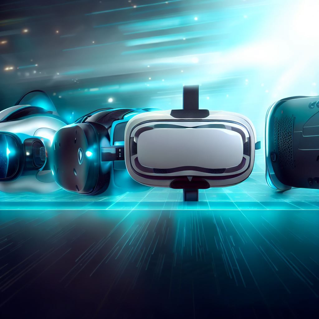 This hero image will depict the evolution of VR technology over time. It will show a timeline starting with older VR headsets and progressing to the Vive Cosmos Elite and HTC Vive Pro 2 as the pinnacle of VR innovation. The older headsets could be represented as fading into the background, while the Cosmos Elite and Pro 2 stand out with their cutting-edge features. The background should have a futuristic, tech-inspired theme to emphasize the progress of VR technology.