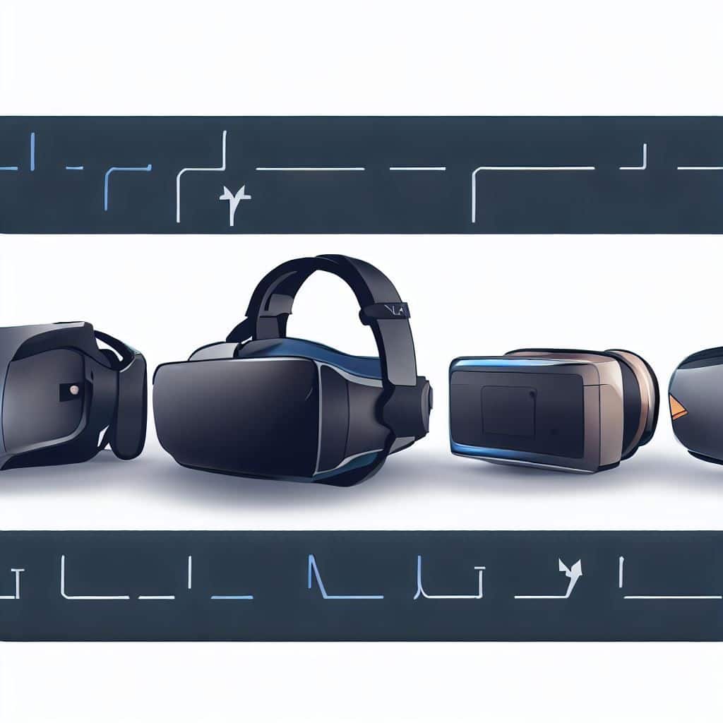 Illustrate a timeline-style image with the evolution of VR headsets. Start with an older, bulky headset on one end, followed by PlayStation VR in the middle, and Pimax 5K XR on the other end to showcase the progression in VR technology. Text Overlay: Display the article title prominently, and add text below the timeline such as "From Past to Present, Discover the Future of VR."