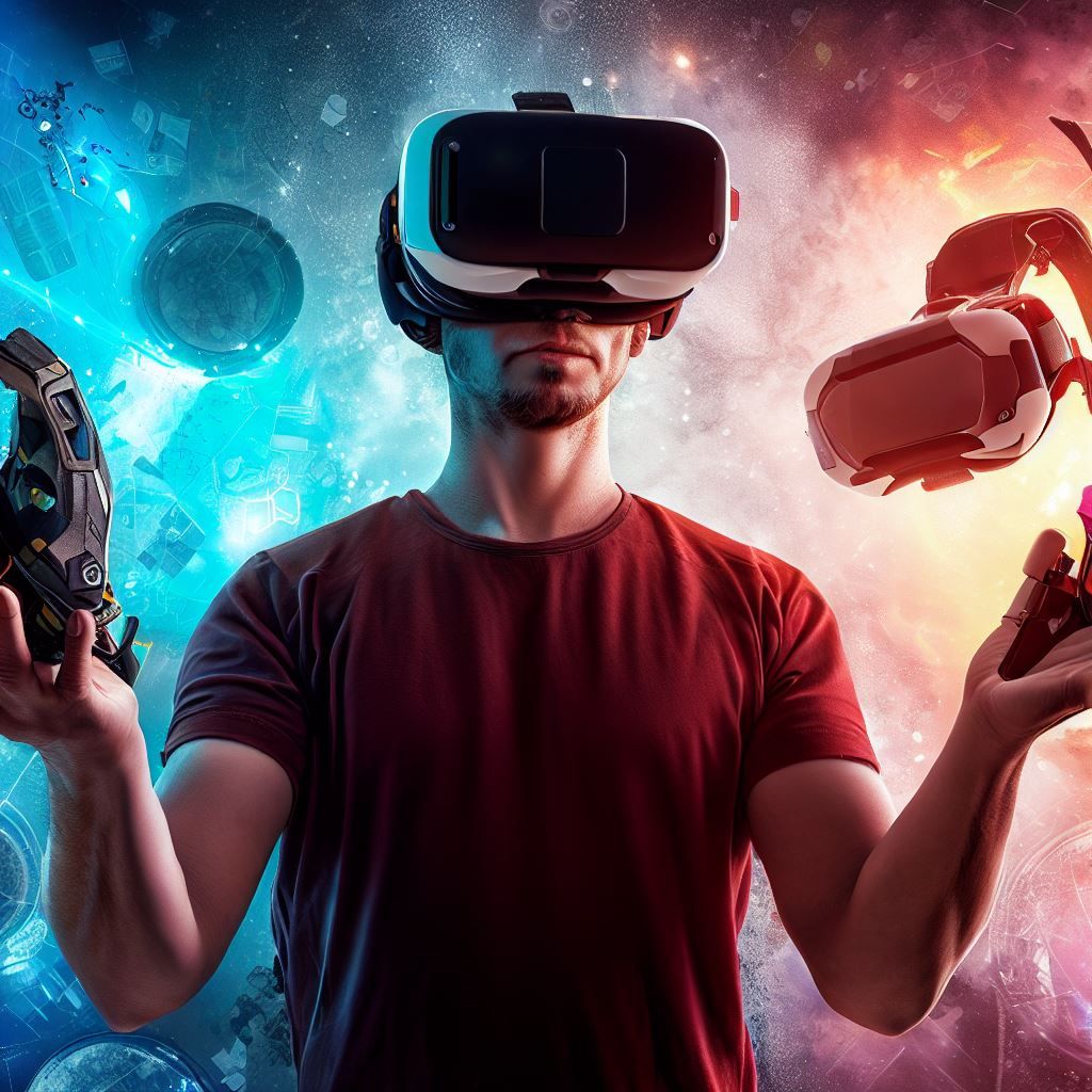 Image Content: Create an image where a VR enthusiast is holding the Quest 2 headset in one hand and the Hariotax 1.1 headset in the other, as if they are about to embark on a VR adventure. Highlight the headsets' key features, such as adjustable IPD for Hariotax 1.1 and versatility for Quest 2. Background: Use a futuristic, abstract background with virtual elements floating around to symbolize the endless possibilities of VR. Text Overlay: Overlay the text "Unlock Your VR Potential: Quest 2 vs. Hariotax 1.1" to convey the message of discovering the capabilities of these headsets.