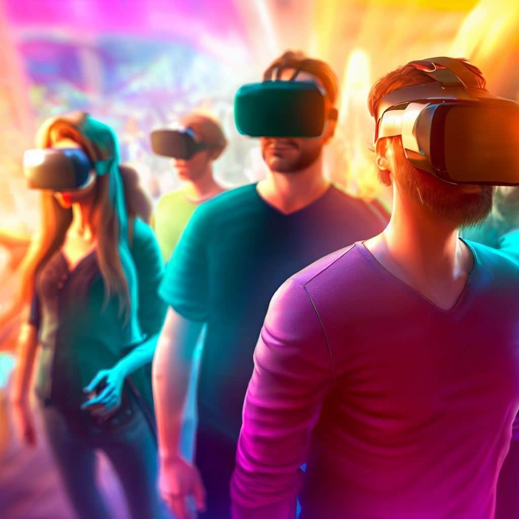 This image focuses on the social aspect of virtual reality. It shows a group of friends or users wearing Oculus VR headsets, engaged in a virtual meetup or multiplayer game. The background features a blend of real and virtual environments to highlight the sense of connection and community within the VR world. It's a vibrant and friendly representation of the VR experience.