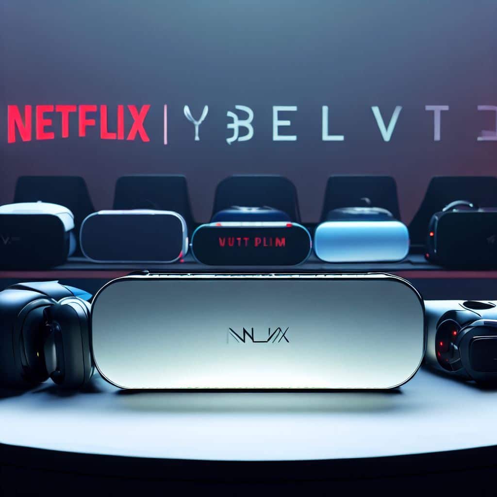 This image could showcase a collection of different VR devices, such as Oculus, Google Daydream, and Samsung Gear VR, arranged neatly on a sleek and futuristic table. Each device could be lit up, and a Netflix logo or content could be displayed on their screens. This image highlights the variety of VR devices compatible with Netflix.
