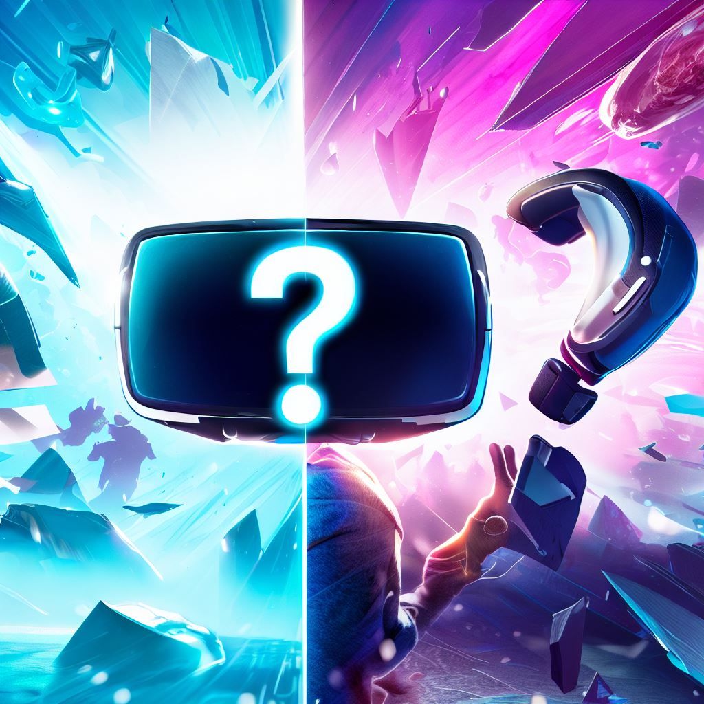 This hero image presents a stylized, split-screen effect with the Oculus Quest 2 on one side and the Samsung HMD Odyssey+ on the other. The screen displaying the Quest 2 showcases a dynamic VR gaming scene, while the Odyssey+ side displays a crystal-clear VR world. In the middle, a large question mark is placed, representing the dilemma faced by users choosing between these two headsets. A headline reads "VR Dilemma: Which to Choose?" below the split-screen, inviting users to explore the comparison.