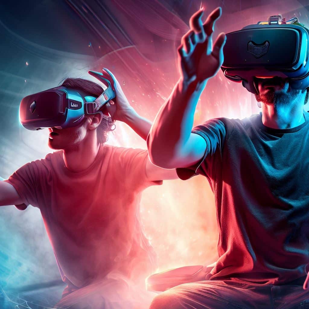 An exciting scene with a gamer wearing the Samsung HMD Odyssey+ and another gamer wearing the Valve Index, both fully immersed in a captivating VR game. The image captures the intensity and enjoyment of VR gaming. Visual Concept: This image emphasizes the gaming aspect of VR and how both headsets deliver an immersive gaming experience. Text Overlay: "Elevate Your Gaming with Samsung HMD Odyssey+ and Valve Index."