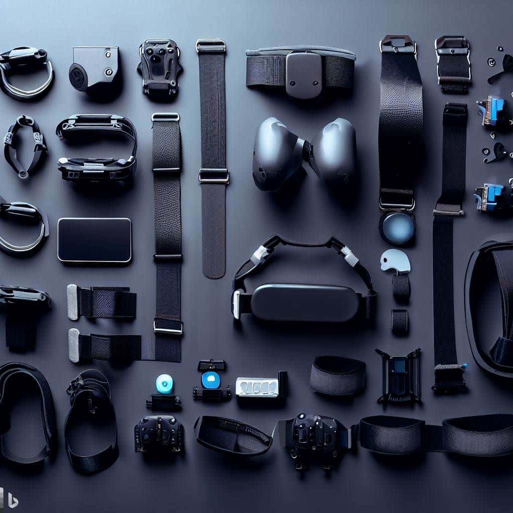 A visually appealing composition of different full-body tracking VR gear neatly arranged. This can include trackers, belts, straps, and VR headsets, all well-lit and beautifully presented.