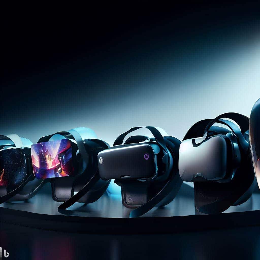 An artistic composition featuring the top VR headsets mentioned in your article (HTC Vive Pro, HP Reverb G2, Oculus Quest 2, Samsung Odyssey, PlayStation VR, and Goovis G2 Pro). These headsets are elegantly arranged in a curved line, with their displays showing captivating movie scenes. The background is dark, emphasizing the futuristic and immersive nature of VR.
